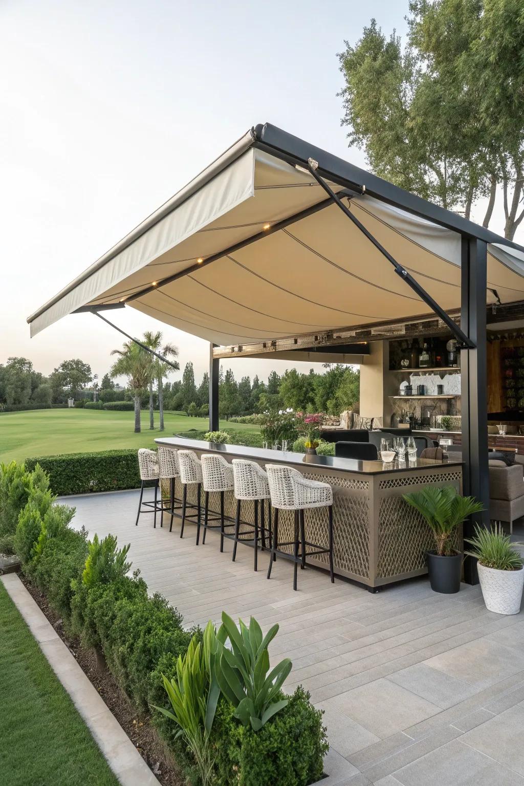 A convertible awning offers flexibility and style for your outdoor bar.