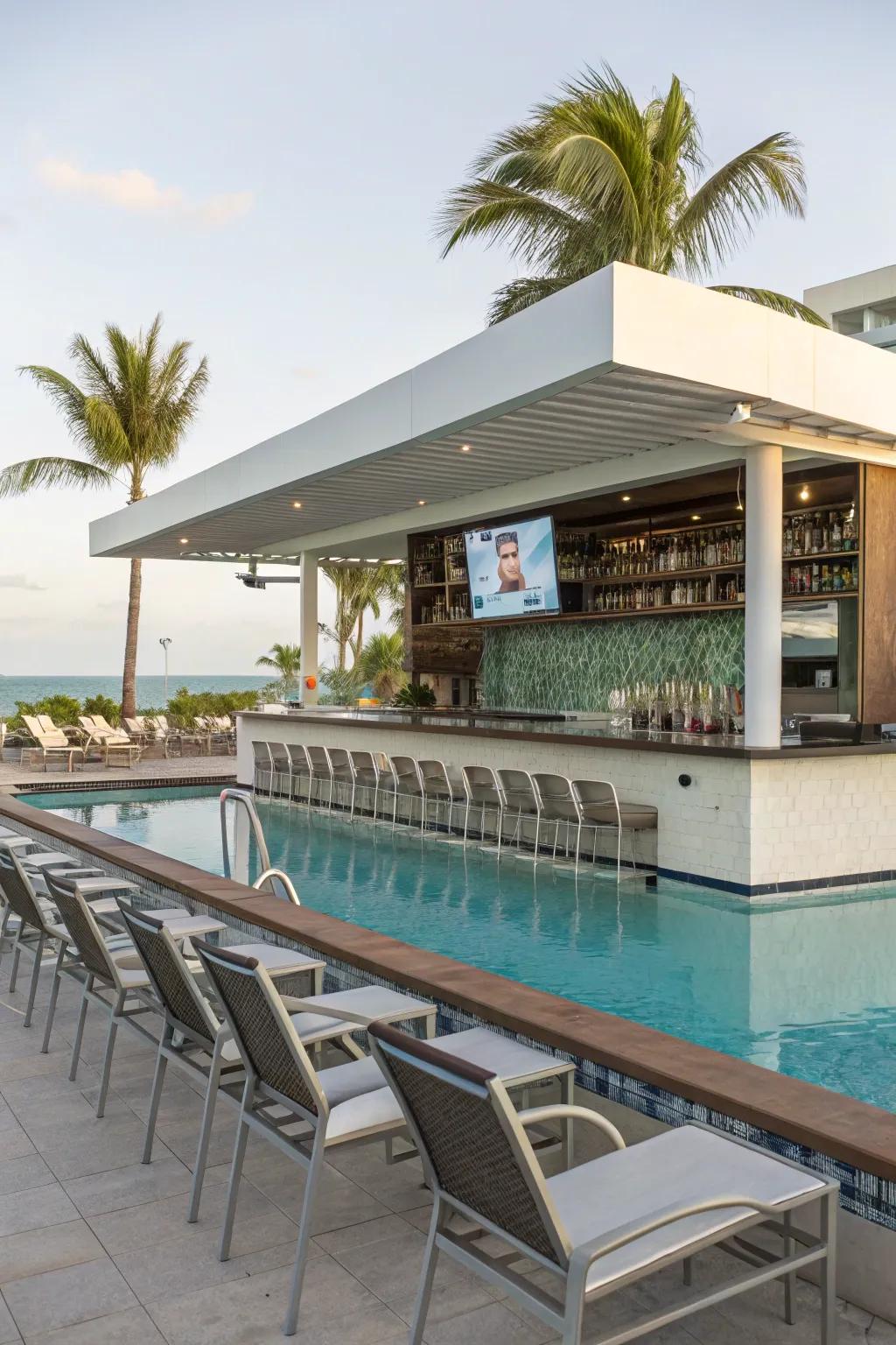 Dive into entertainment with a poolside bar and TV setup.