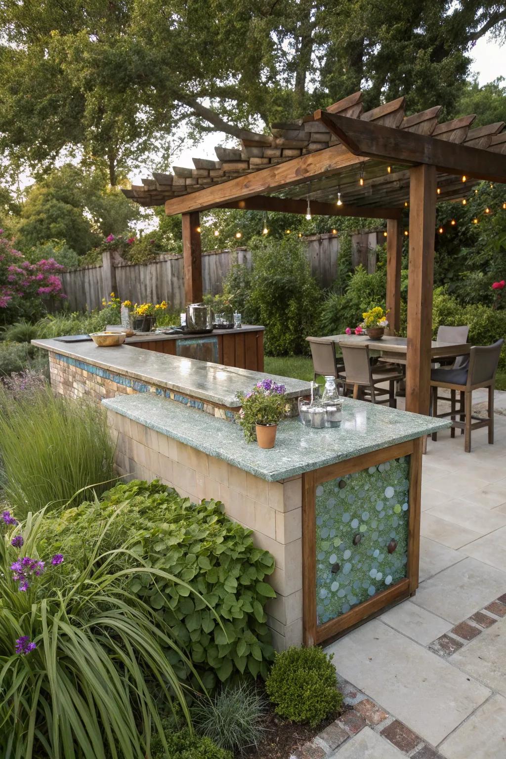 Eco-friendly elegance with a recycled glass bartop.