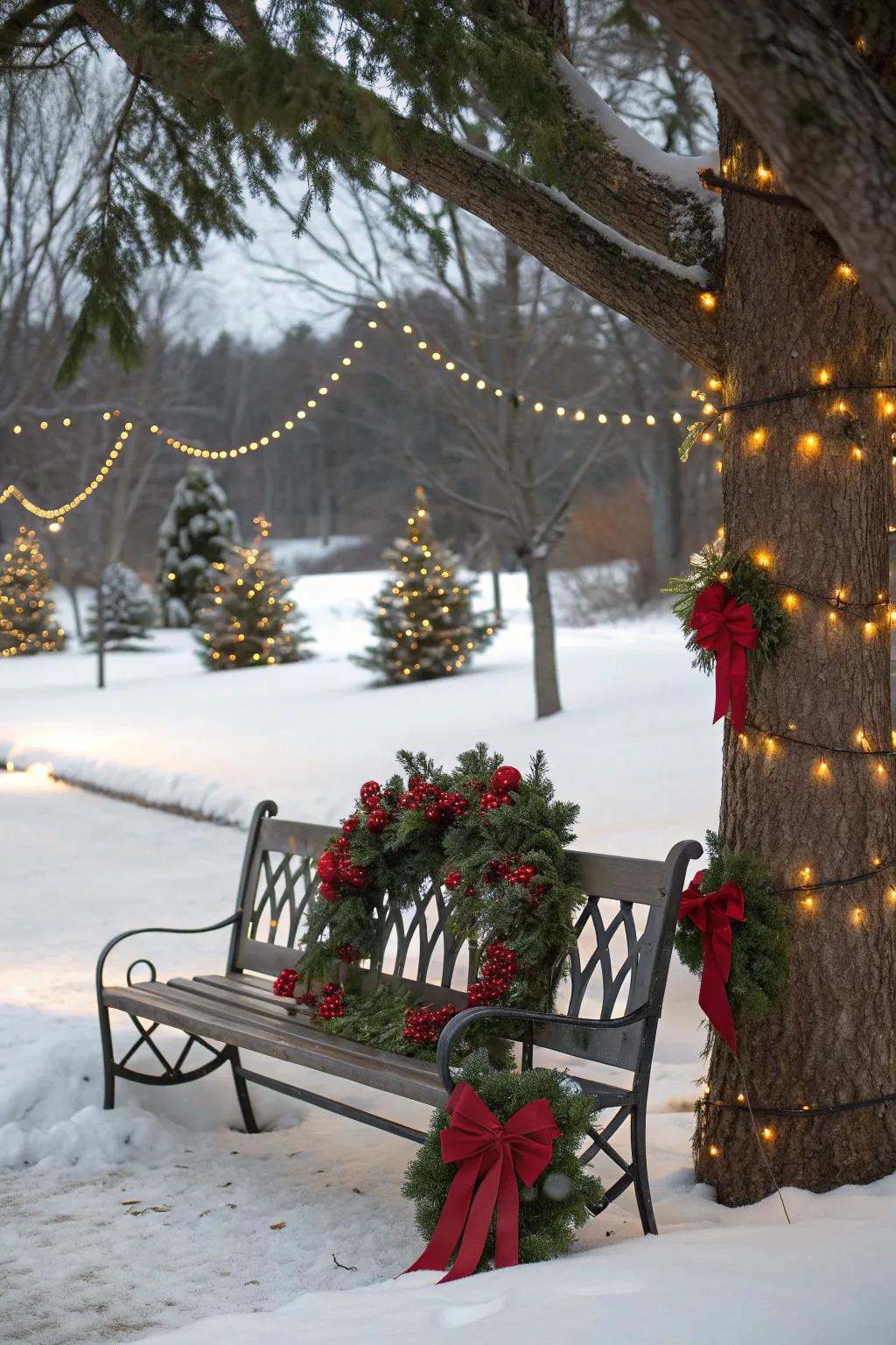 Red accents bring classic Christmas charm to your bench.