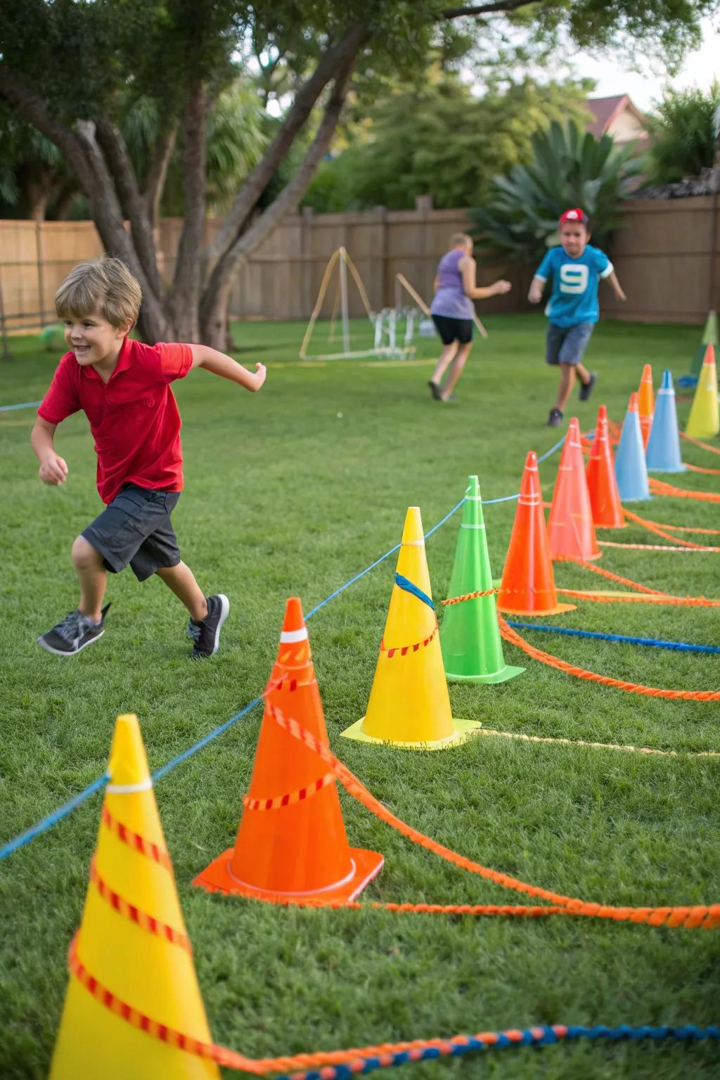 A fun and challenging obstacle course set up in a backyard for a birthday party.