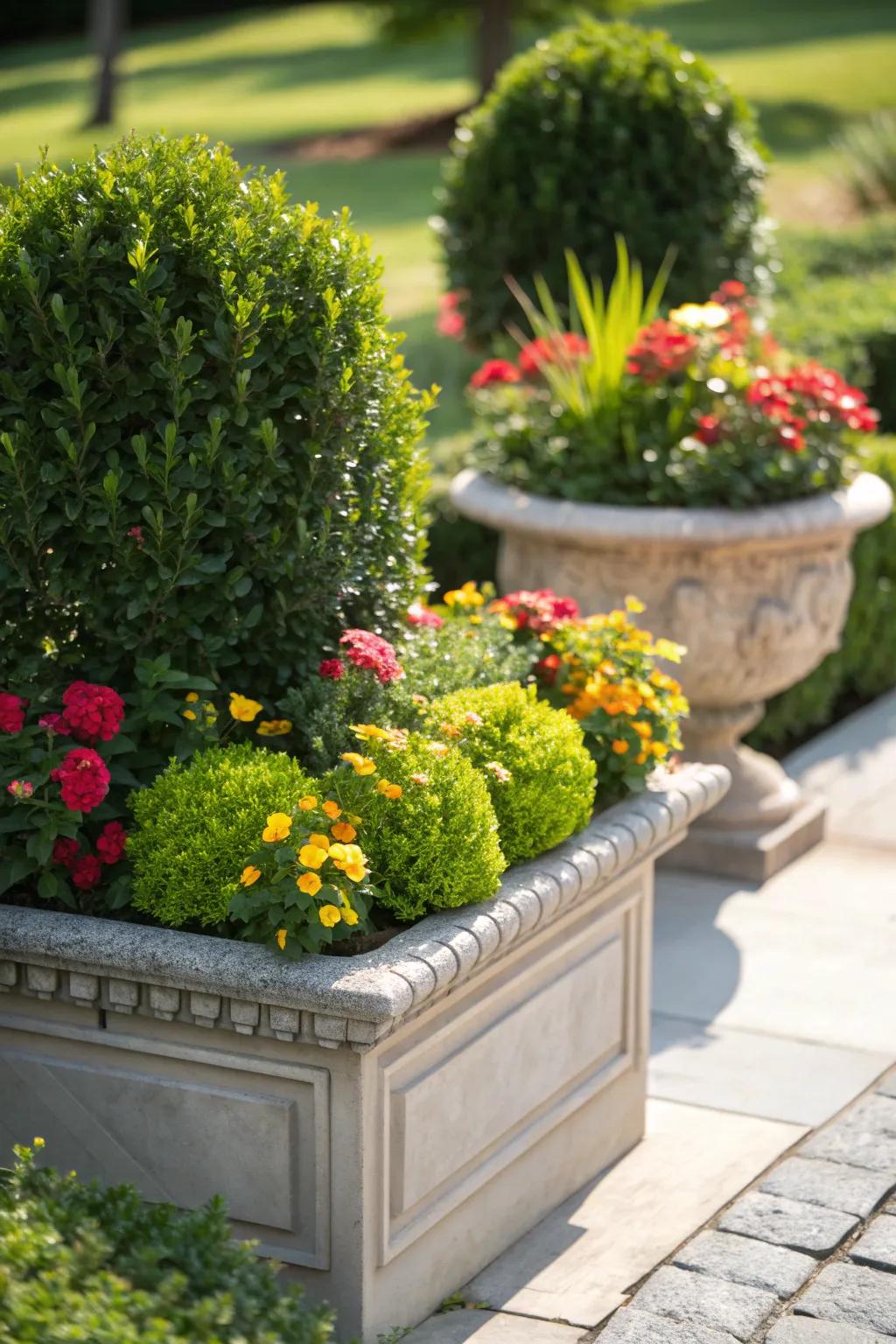 Mix boxwoods with flowers for a burst of color.