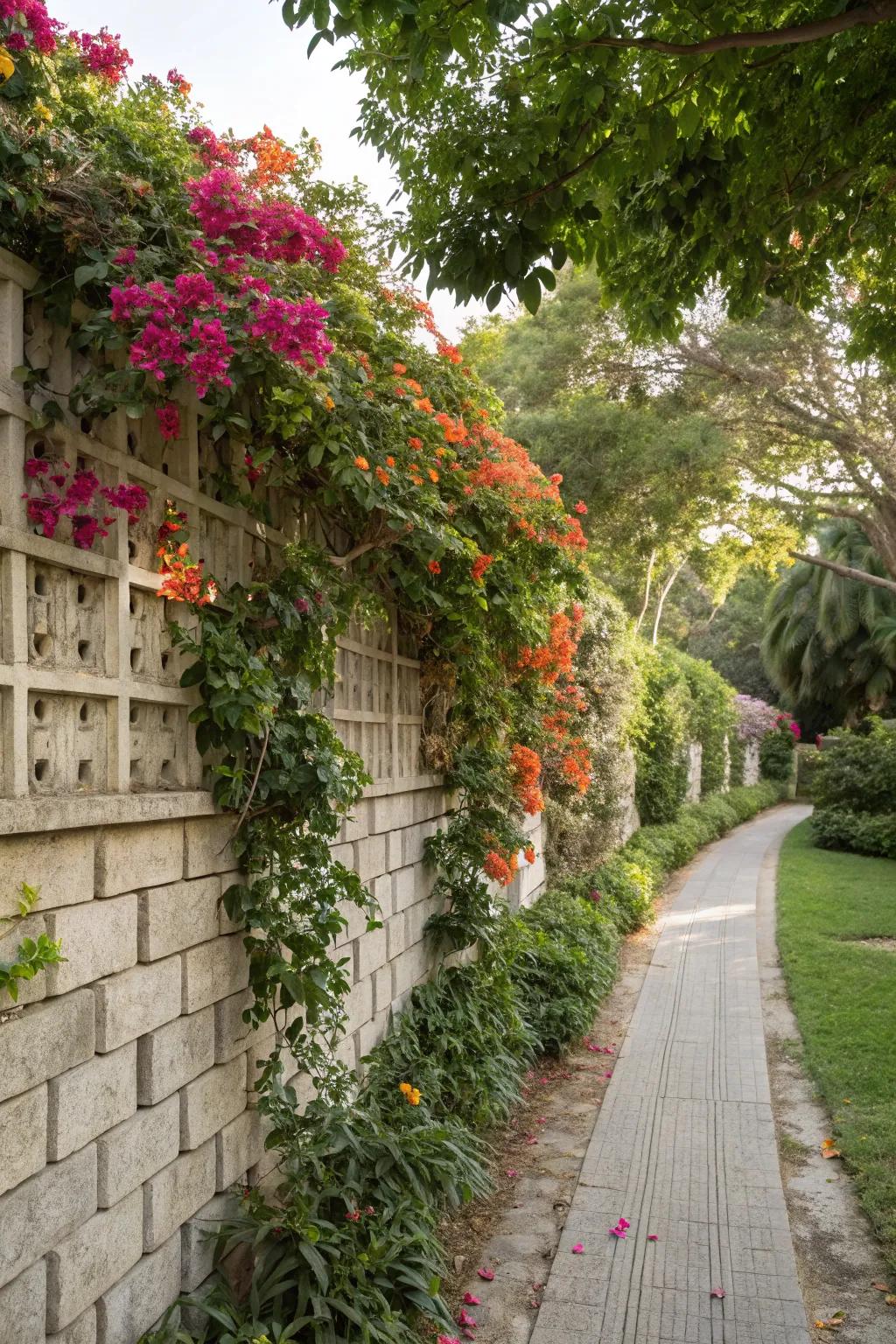 A lush breeze block wall adorned with greenery