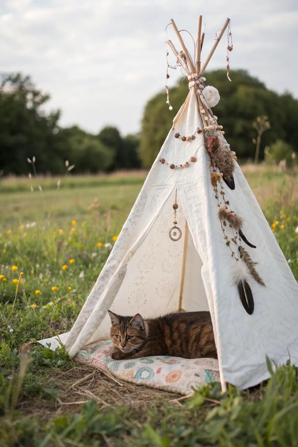 Miniature teepee tents add a bohemian touch to outdoor spaces.