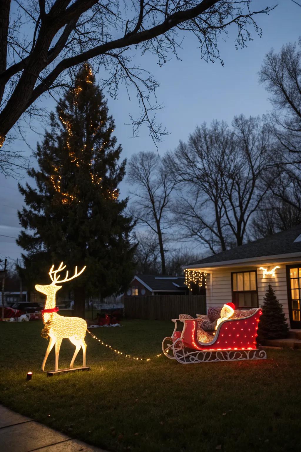 A lit reindeer and sleigh create a storybook scene.
