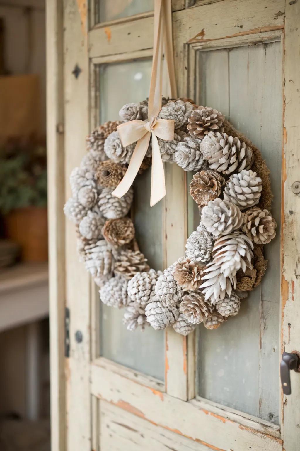 Rustic and elegant bleached pinecone wreath.