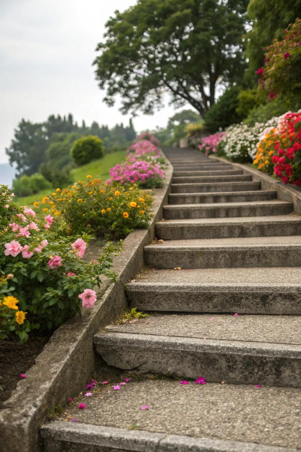 Concrete stairs with a textured aggregate finish.