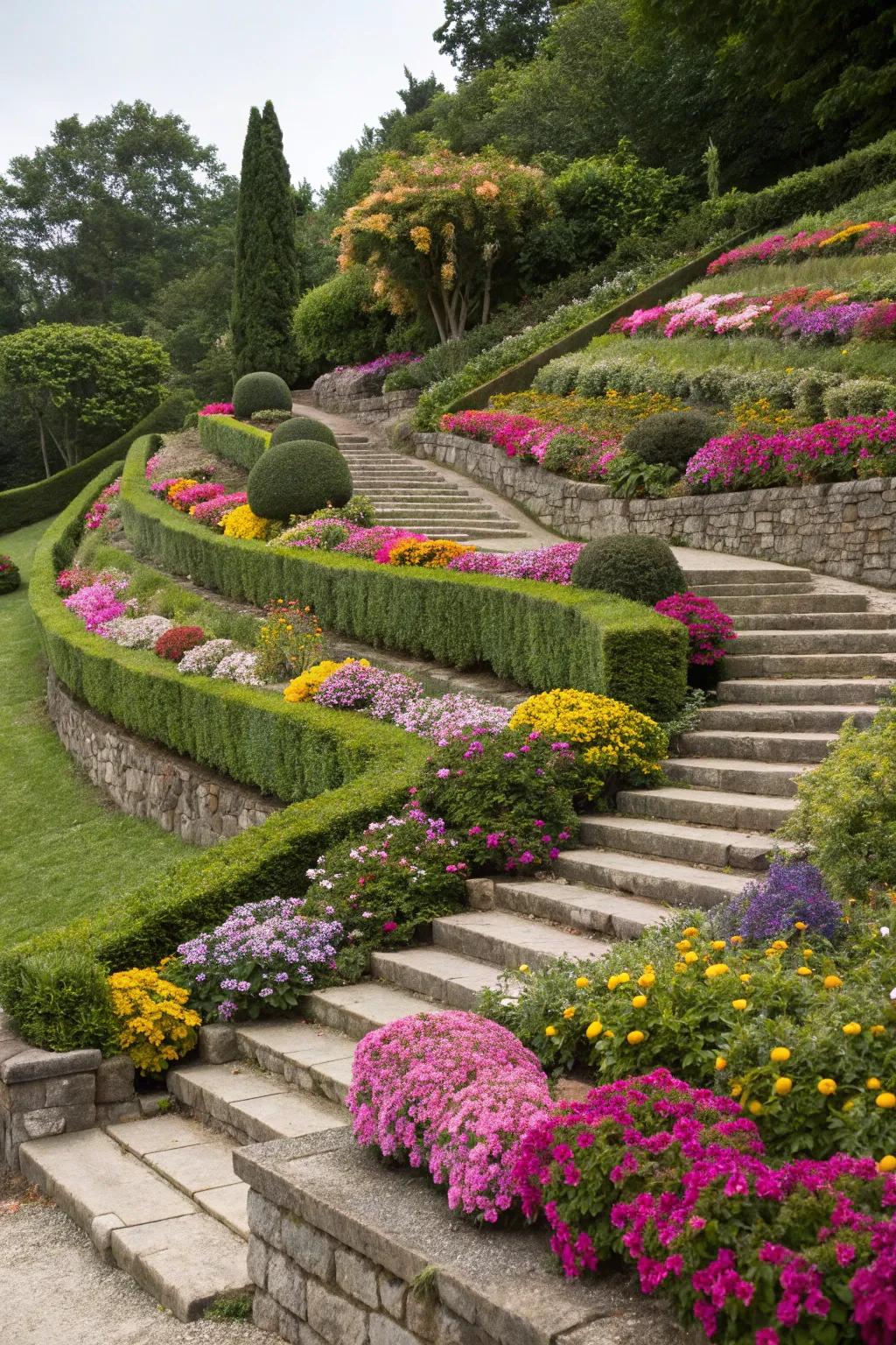 Tiered gardens with steps create a vibrant, layered landscape.
