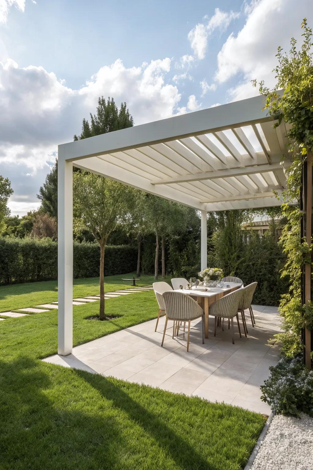 A modern pergola offers sleek elegance for outdoor dining.