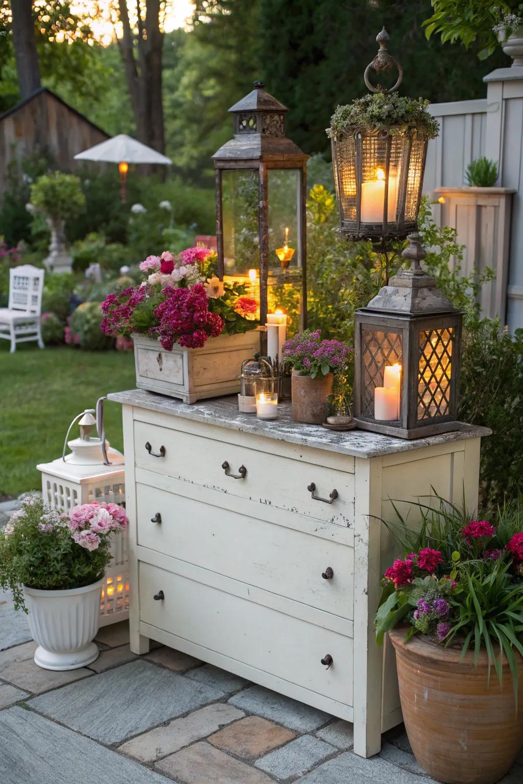 A dresser serving as an elegant display table in the garden.
