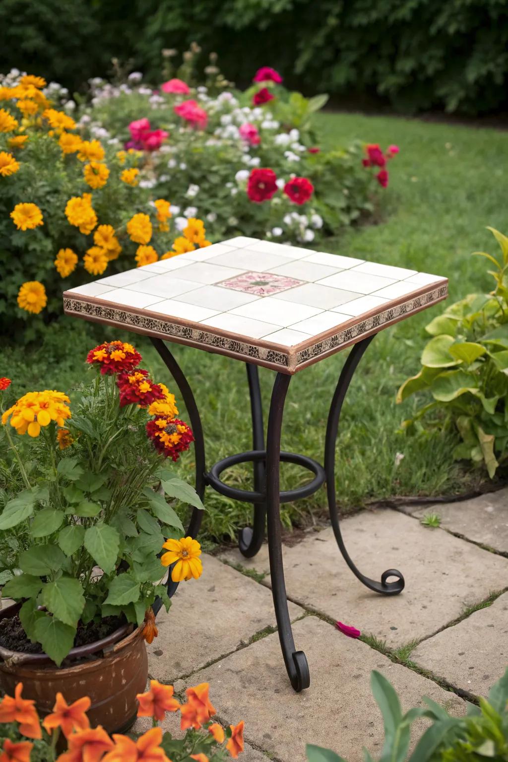 Ceramic tiles bring vibrant color and durability to your outdoor table.