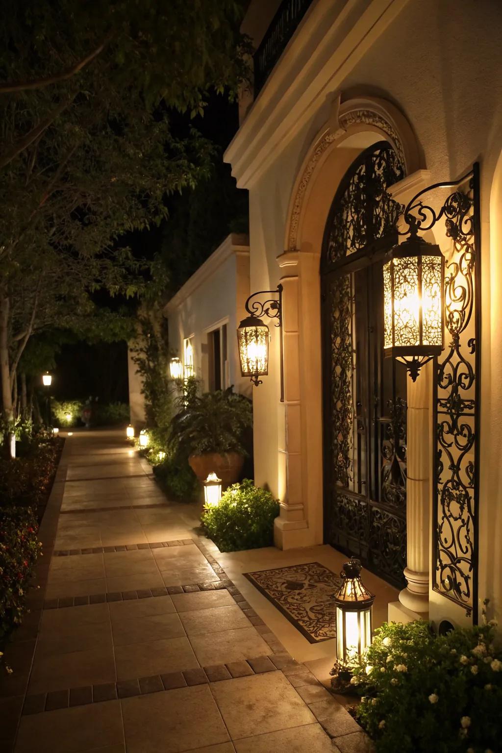 Stylish lanterns illuminate the path to your door.