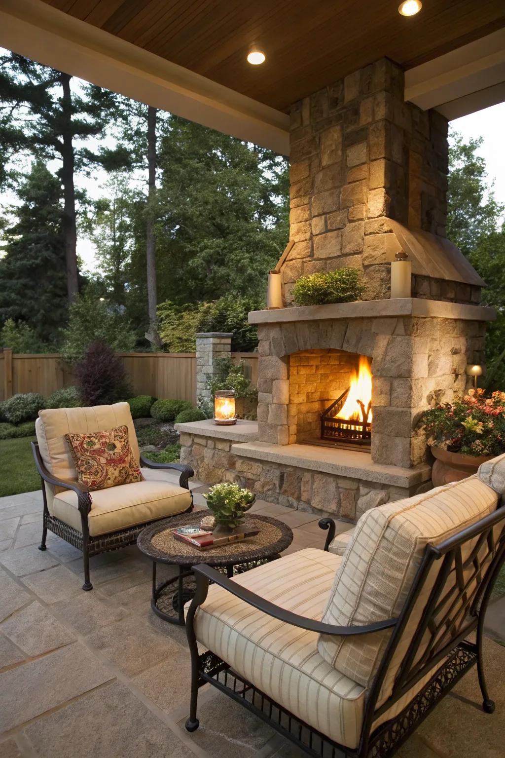 A corner nook creates an intimate fireside gathering spot.