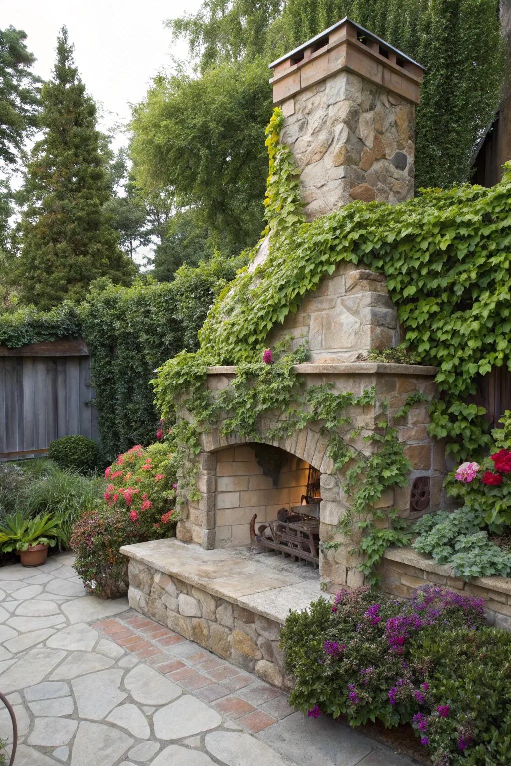 An outdoor fireplace beautifully blended into a garden wall with lush climbing plants.