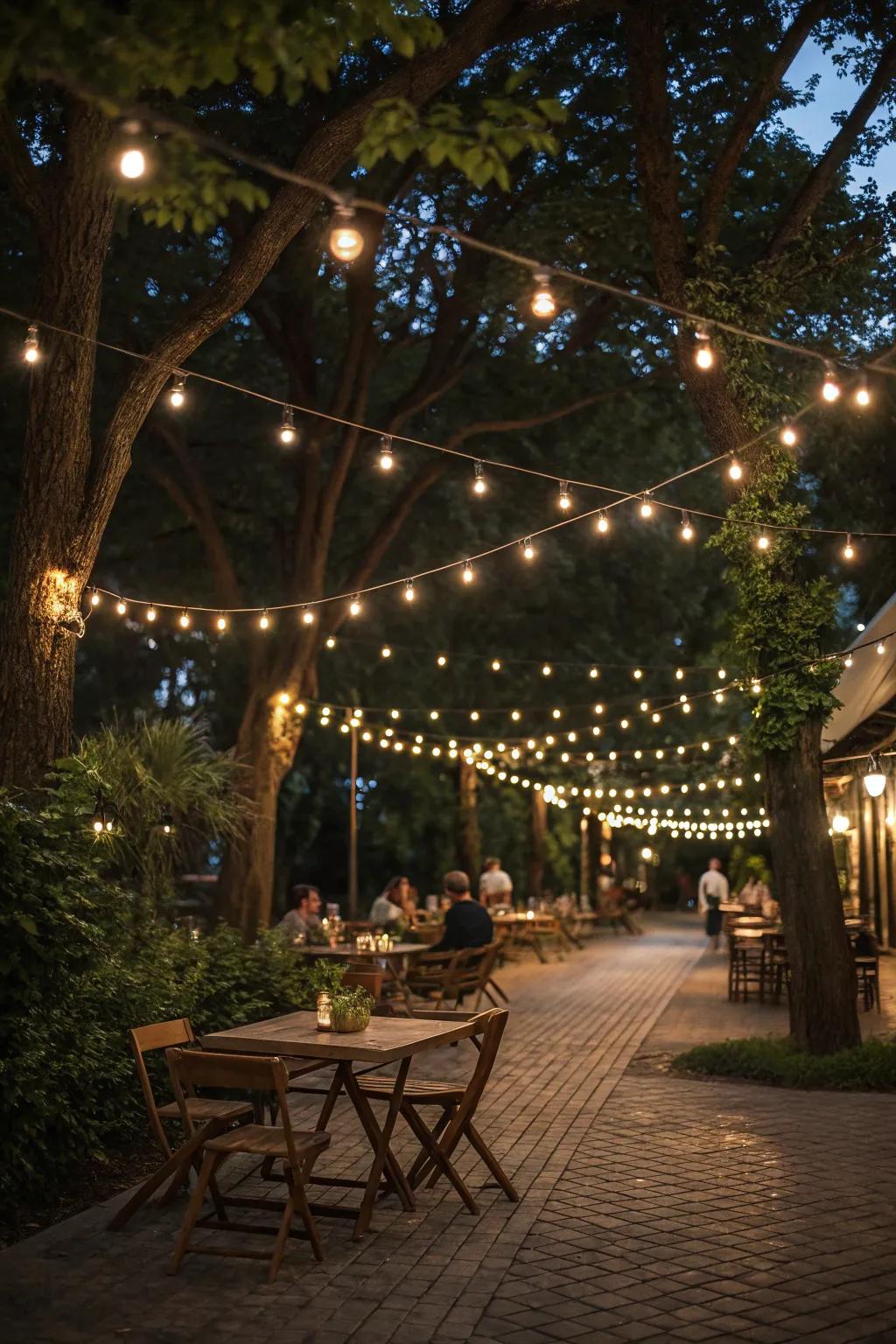 Ambient string lights creating a magical outdoor atmosphere