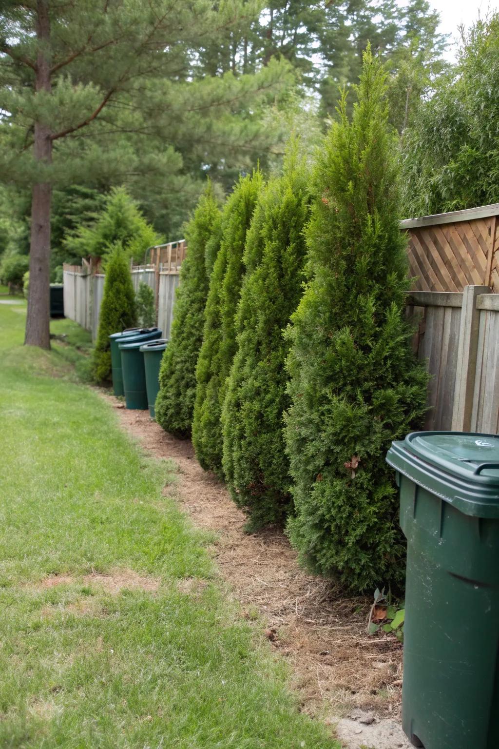 Evergreen shrubs provide a natural screen for garbage bins in a stylish garden.