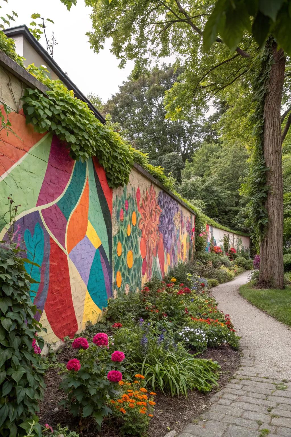 A color splash mural brings vibrant energy to your garden.