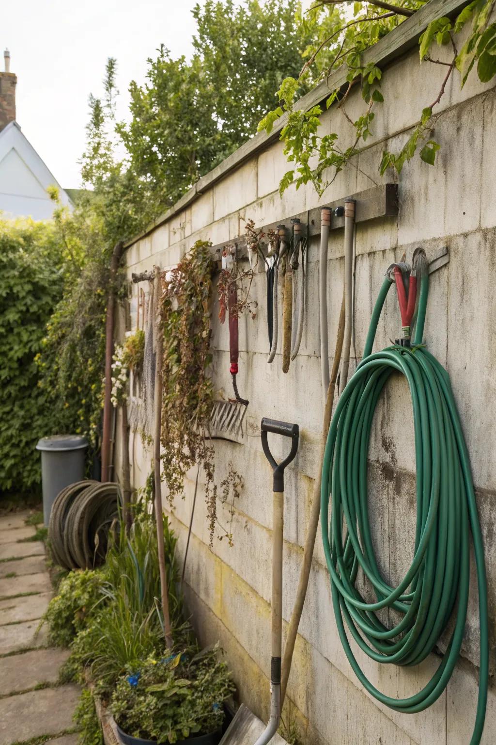 Hooks and pegs offer a straightforward way to keep tools organized.