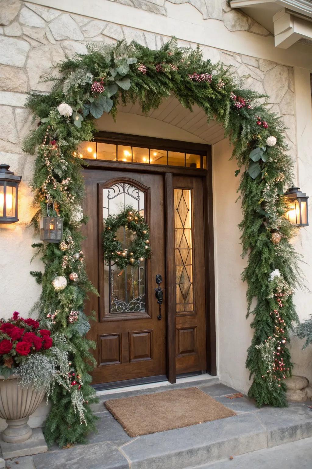 A garland arch frames the front door beautifully.