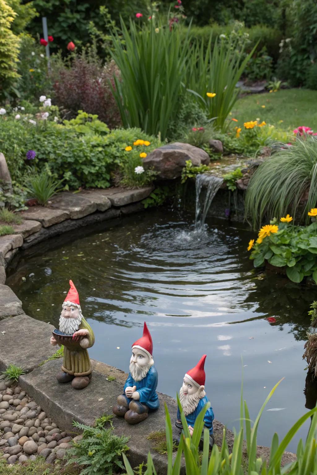 A water feature adds tranquility and charm to a gnome garden.