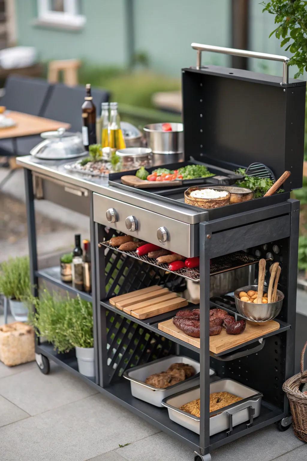 Organize your outdoor cooking area with a multi-level grill station.