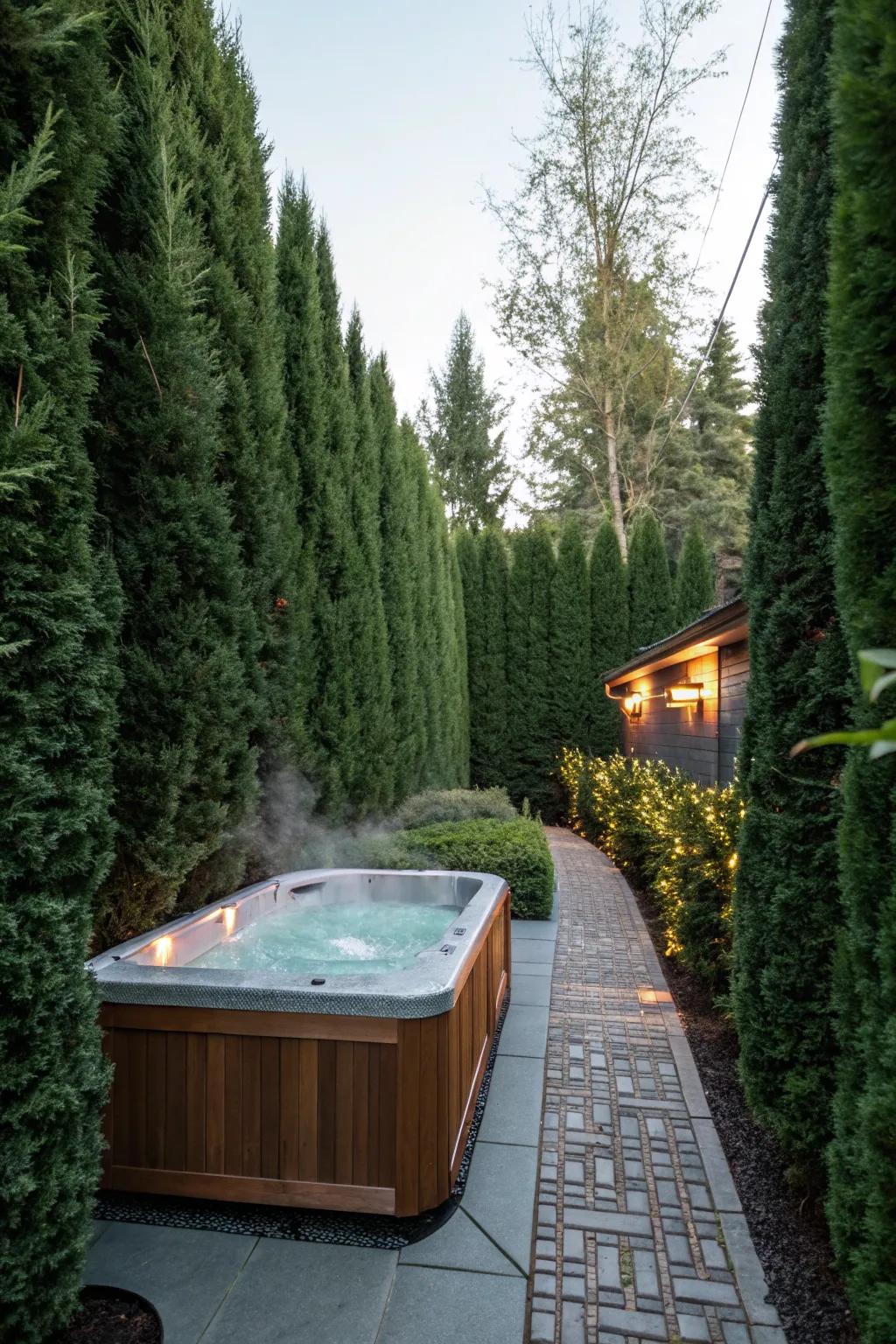 Evergreen hedges provide privacy and a lush setting for your hot tub.