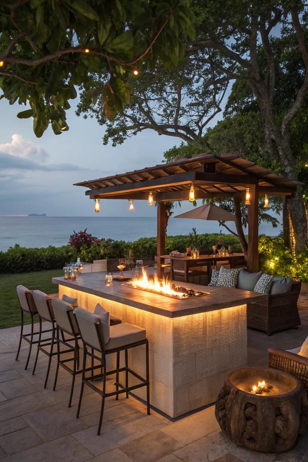 Outdoor island bar with a cozy fire pit.