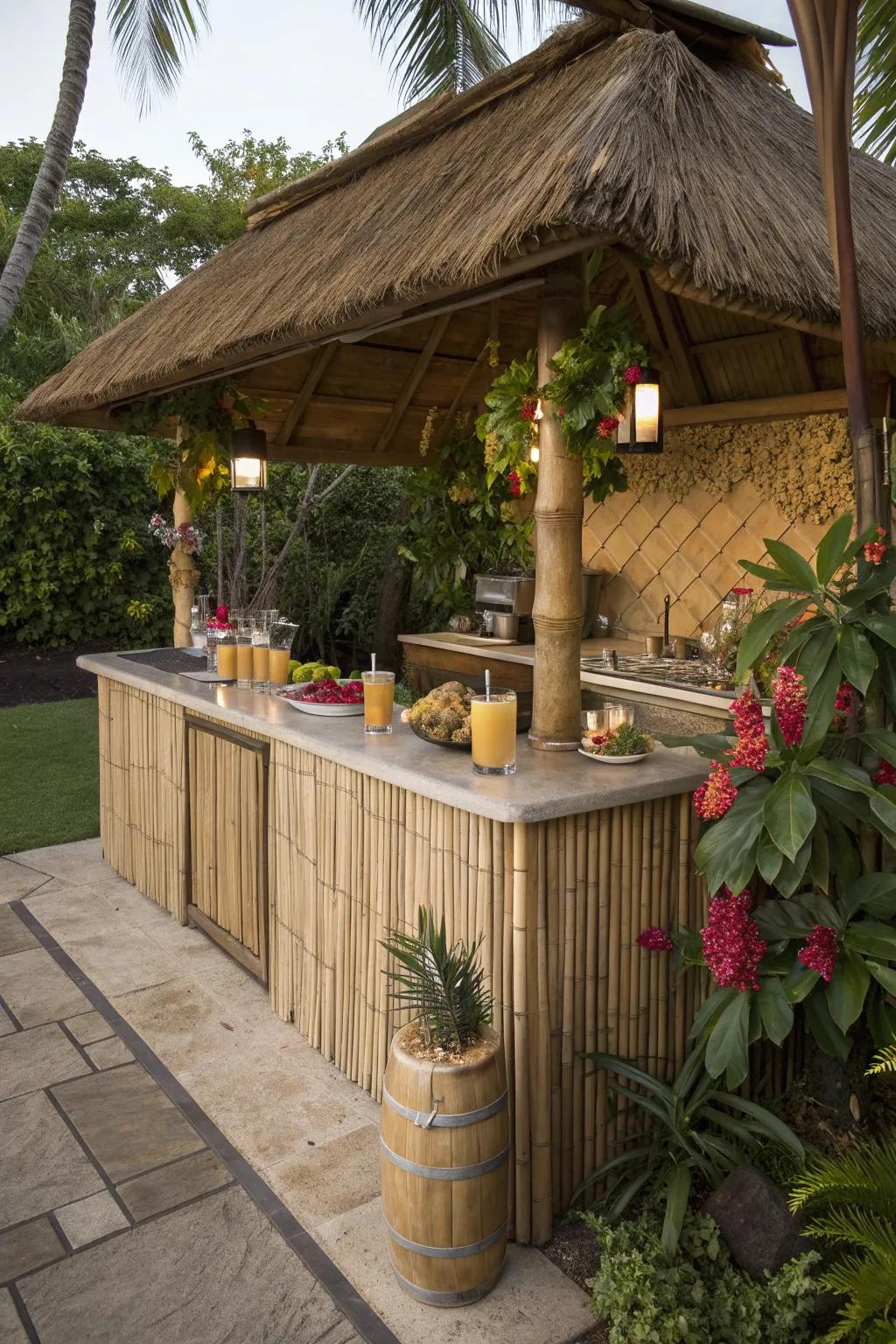 A tiki bar canopy adds a fun, tropical vibe to this outdoor kitchen.