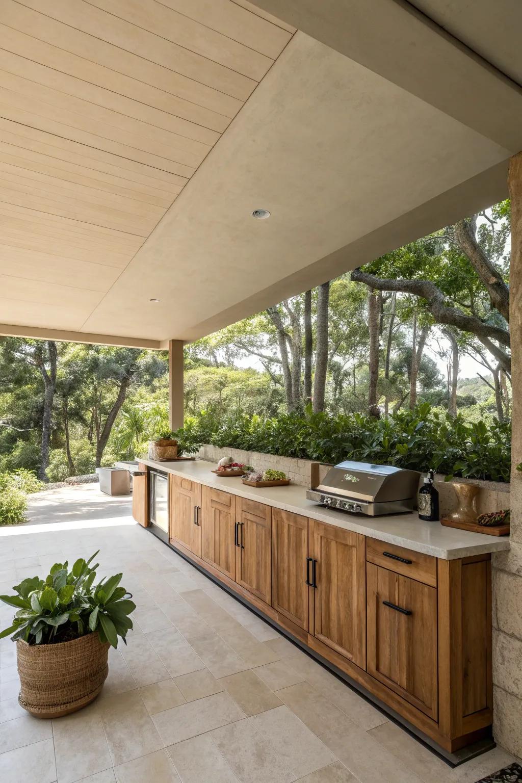 A neutral-colored ceiling seamlessly integrates with the natural outdoor environment.