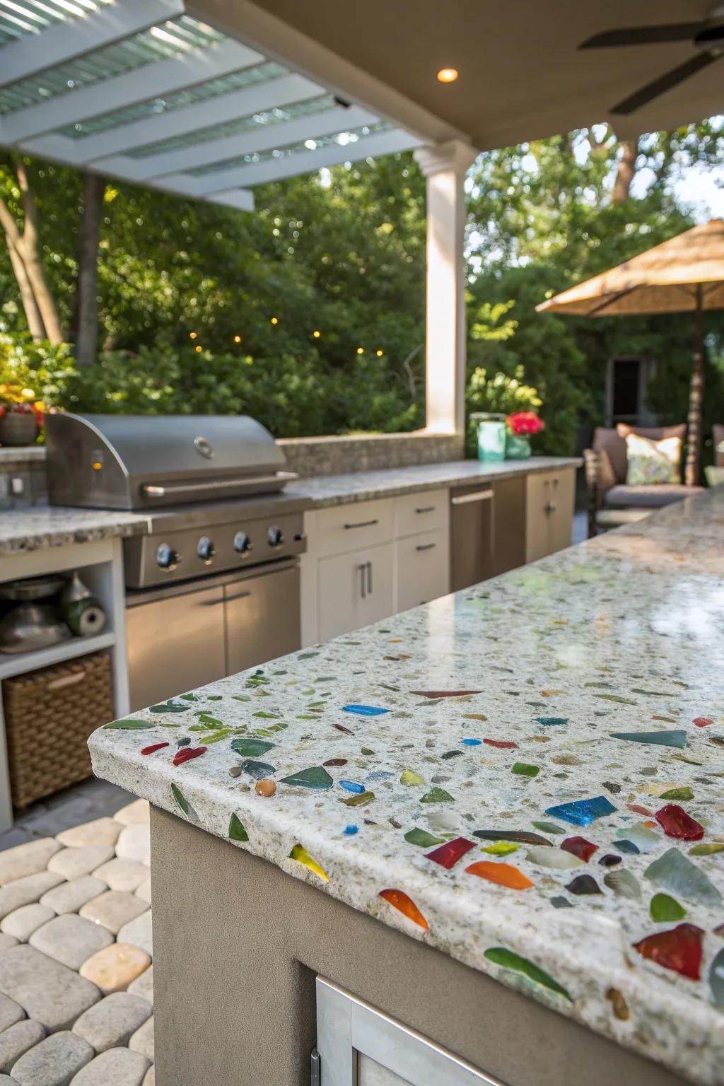 Recycled glass countertops offer eco-friendly charm.