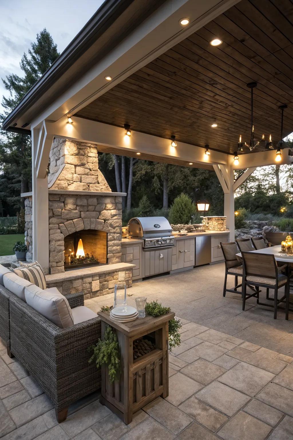 A welcoming covered patio with a stone fireplace, perfect for all-weather outdoor gatherings.