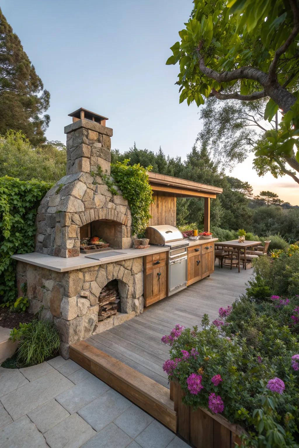 Achieve natural elegance with wood and stone elements.