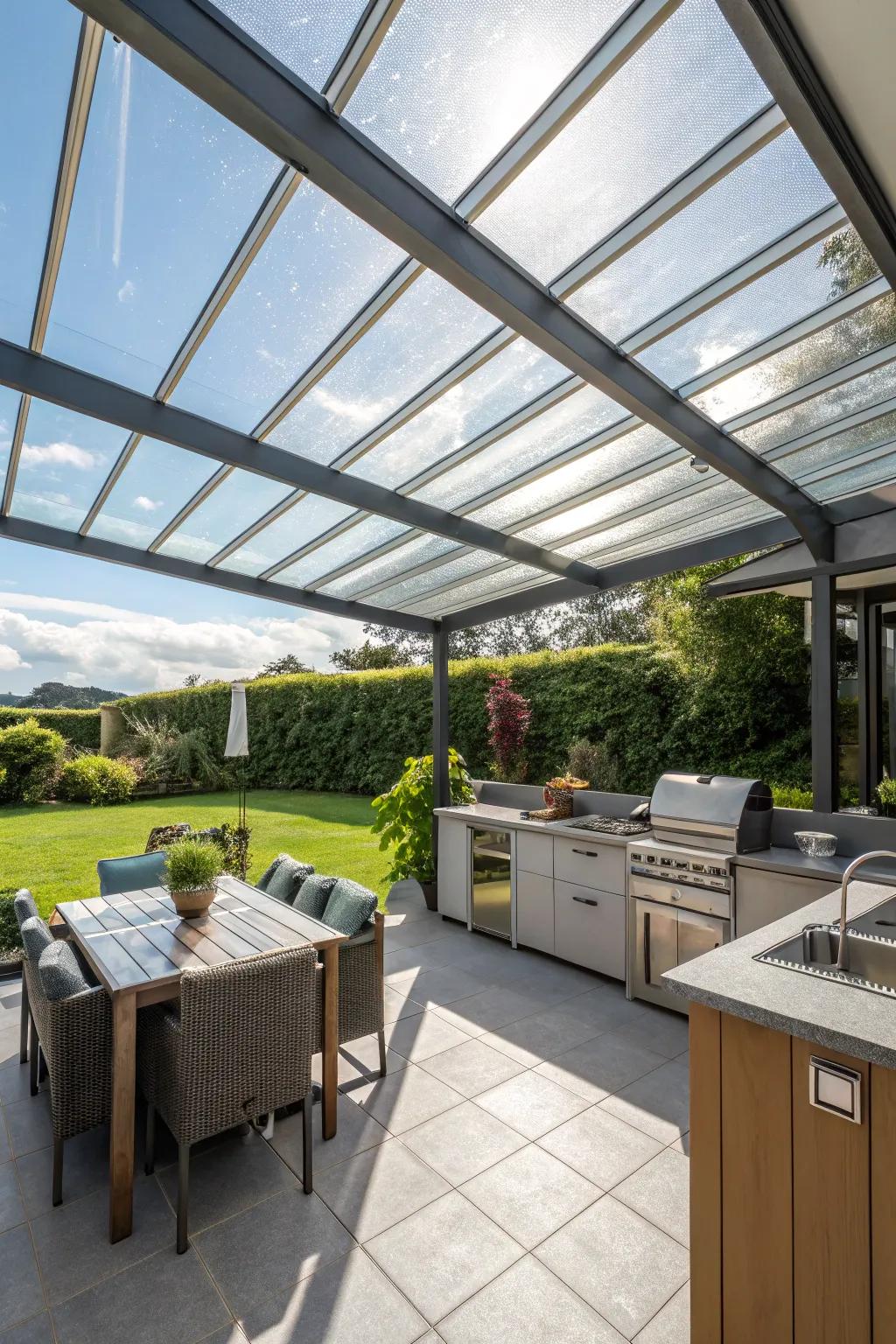 Clear polycarbonate panels provide bright, natural light while protecting from the elements.