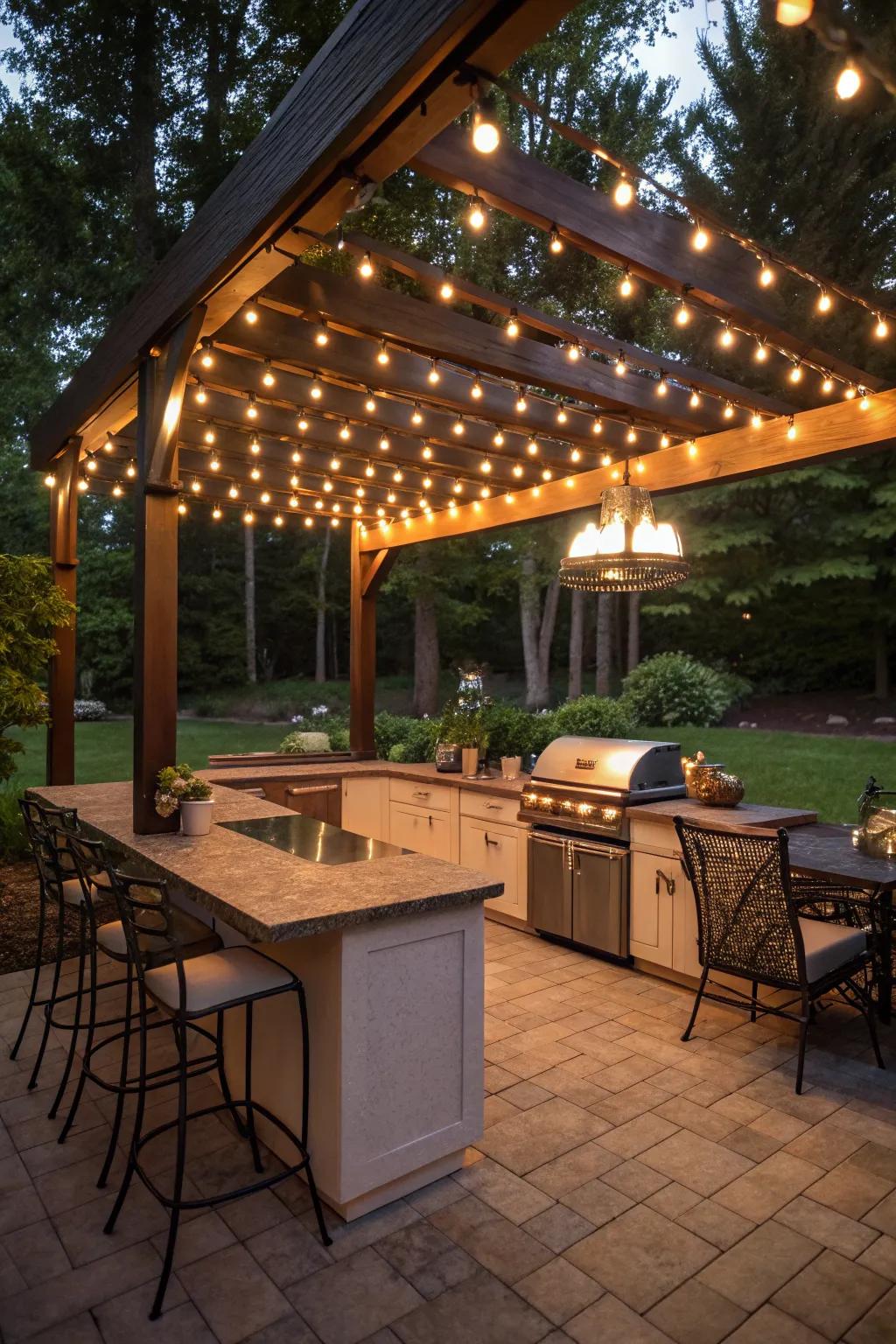 Integrated lighting enhances the functionality and ambiance of outdoor kitchens.