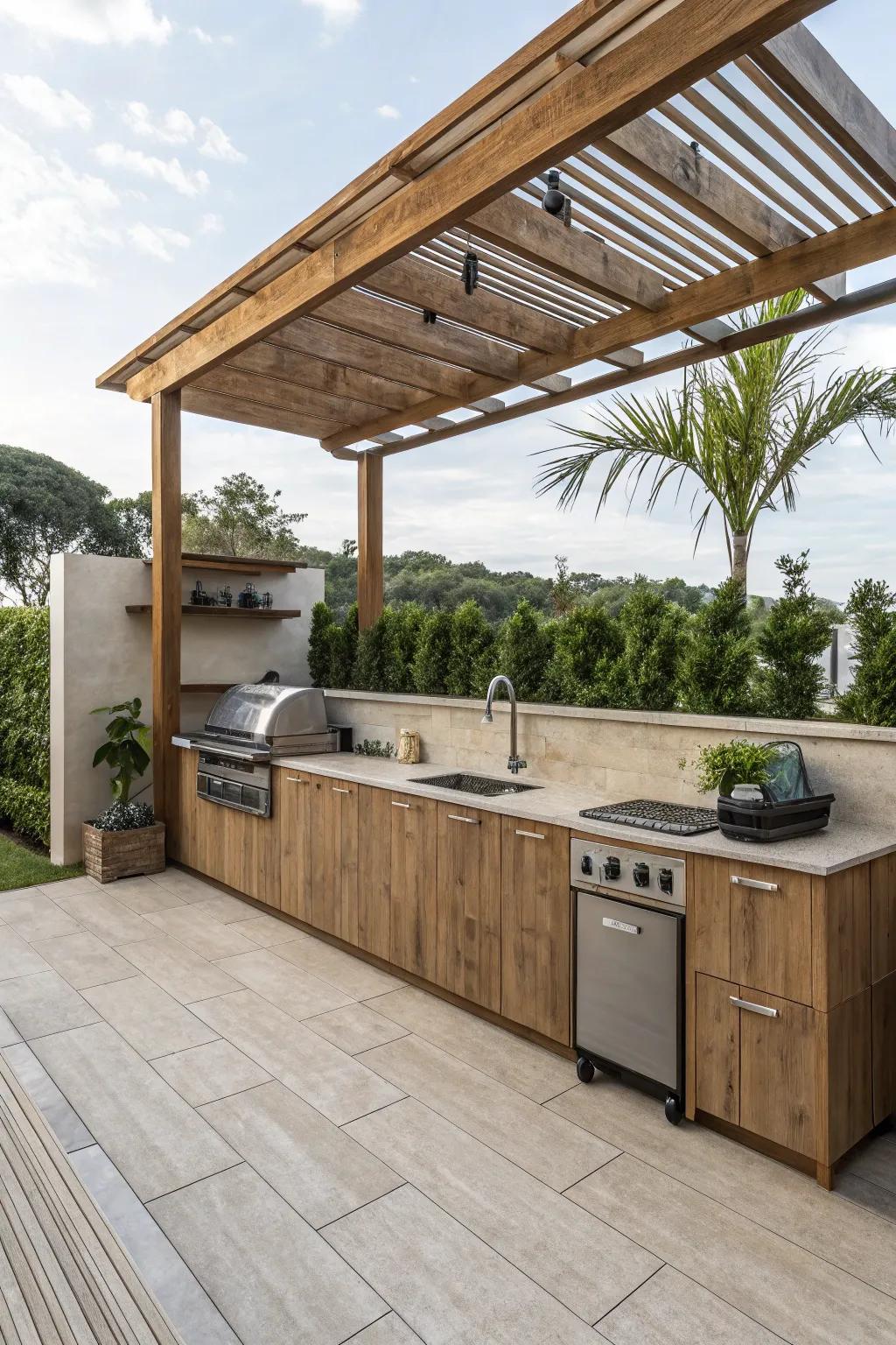 Warm wood-look tiles complement a cozy outdoor kitchen setting.