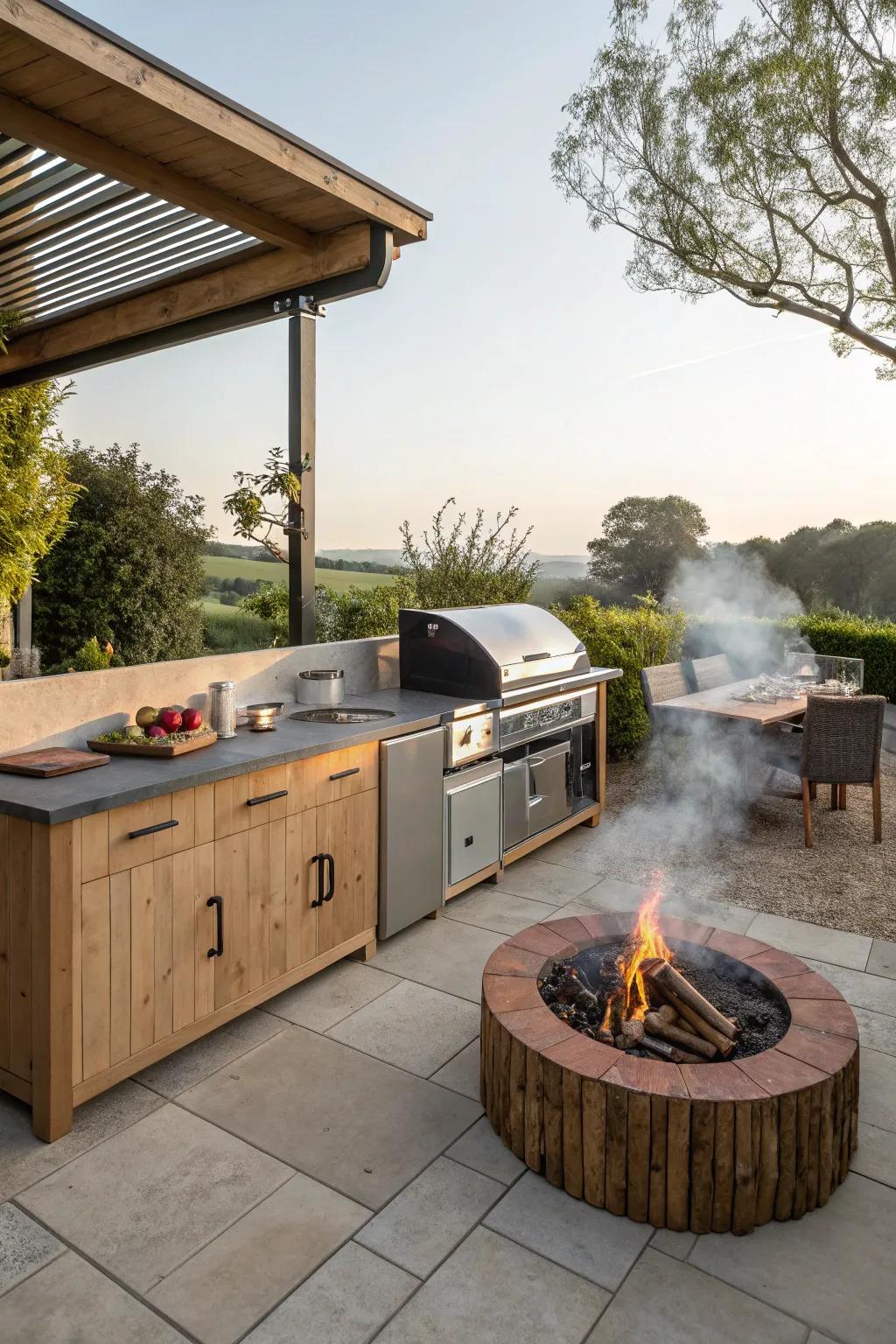 Outdoor kitchen with an offset smoker and a cozy fire pit for evening gatherings.