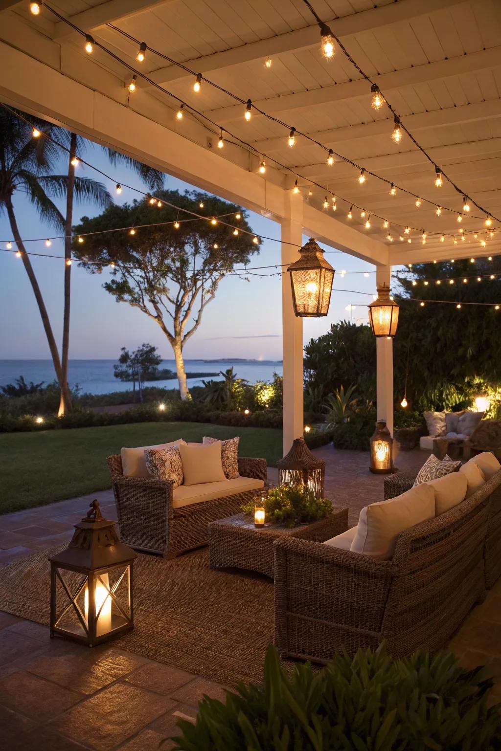 Layered lighting creates an enchanting evening ambiance.