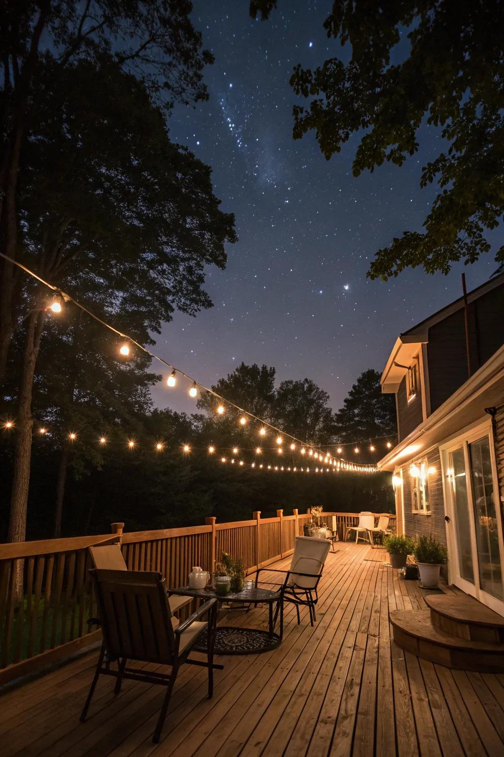 Transform your deck into a cozy retreat with warm lighting.