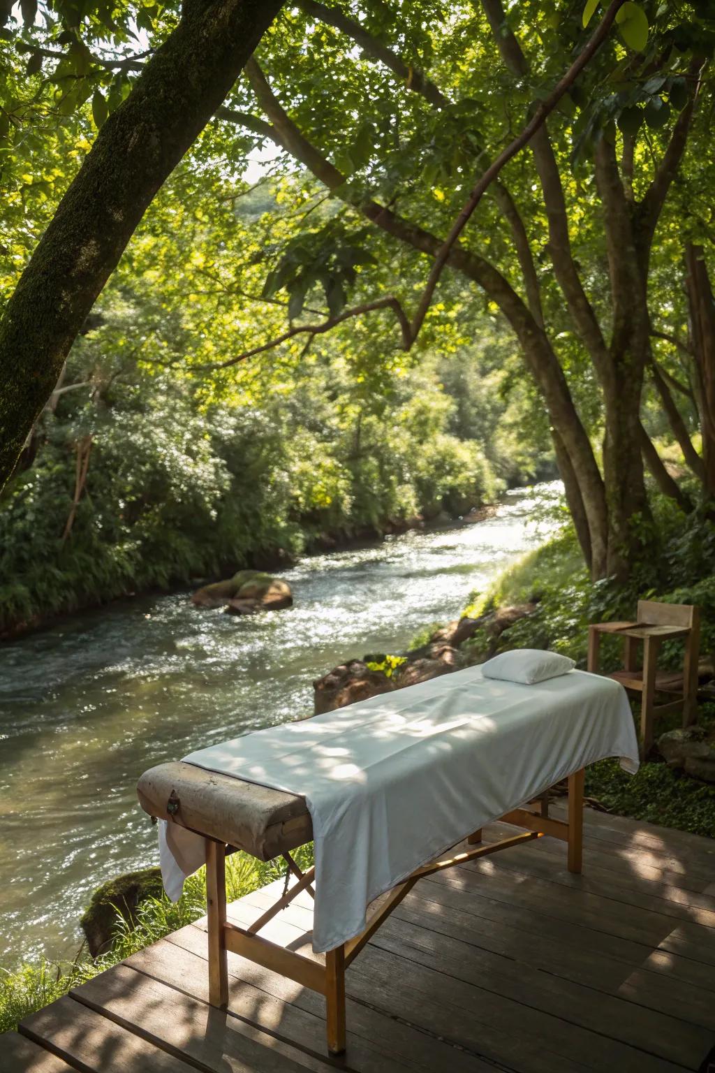 The soothing sound of water enhances your outdoor massage experience.