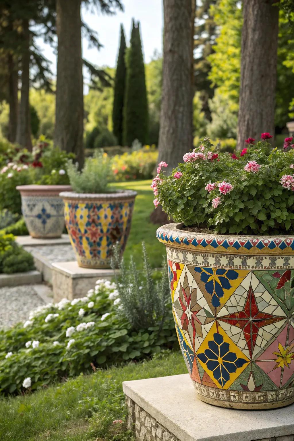 Eye-catching mosaic planters that enhance any plant display.