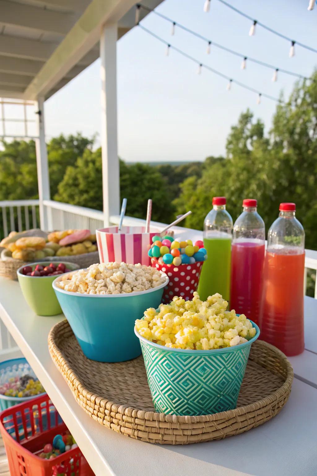 A snack station ensures everyone has their favorite treats.