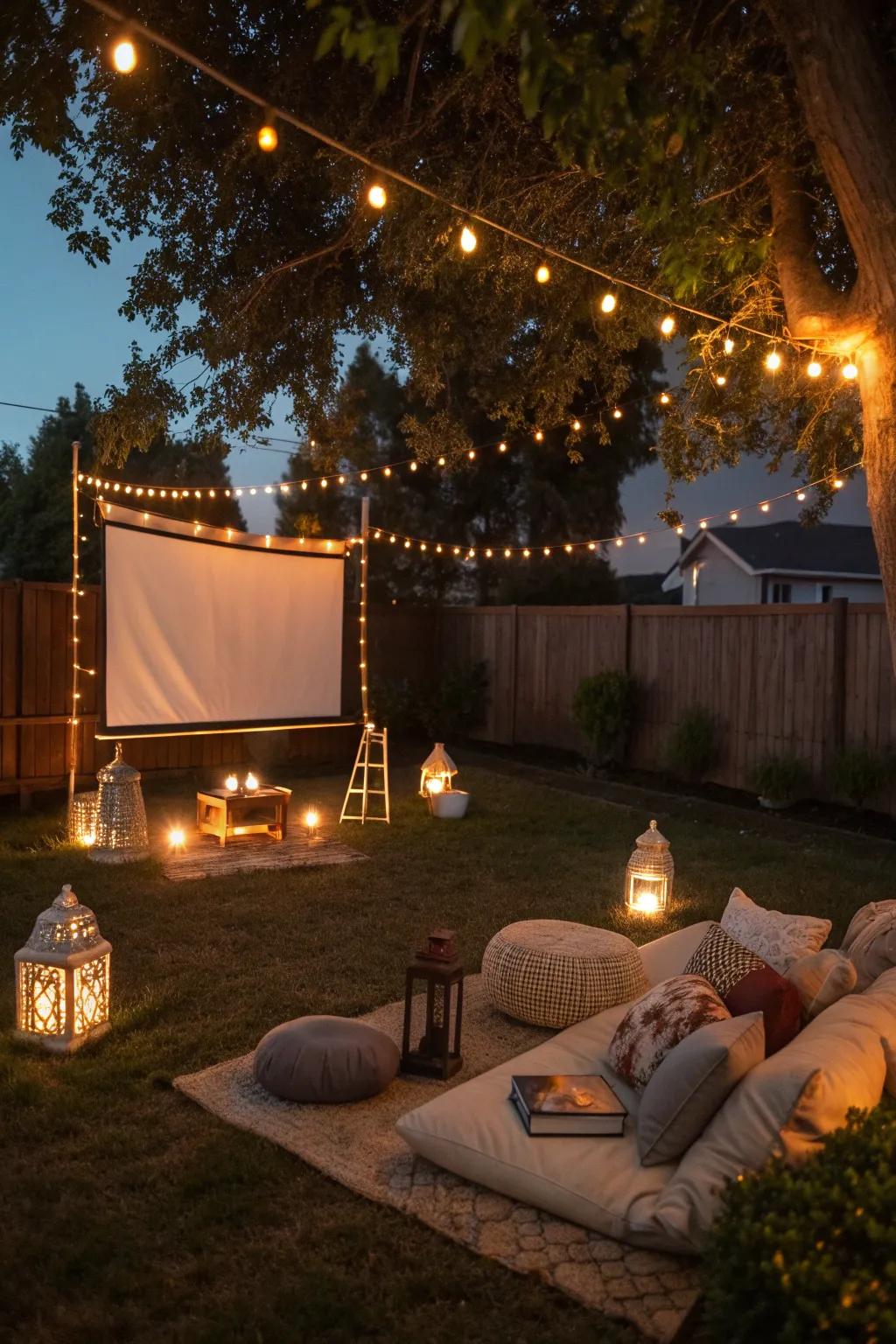 String lights add a whimsical touch to your outdoor movie setup.
