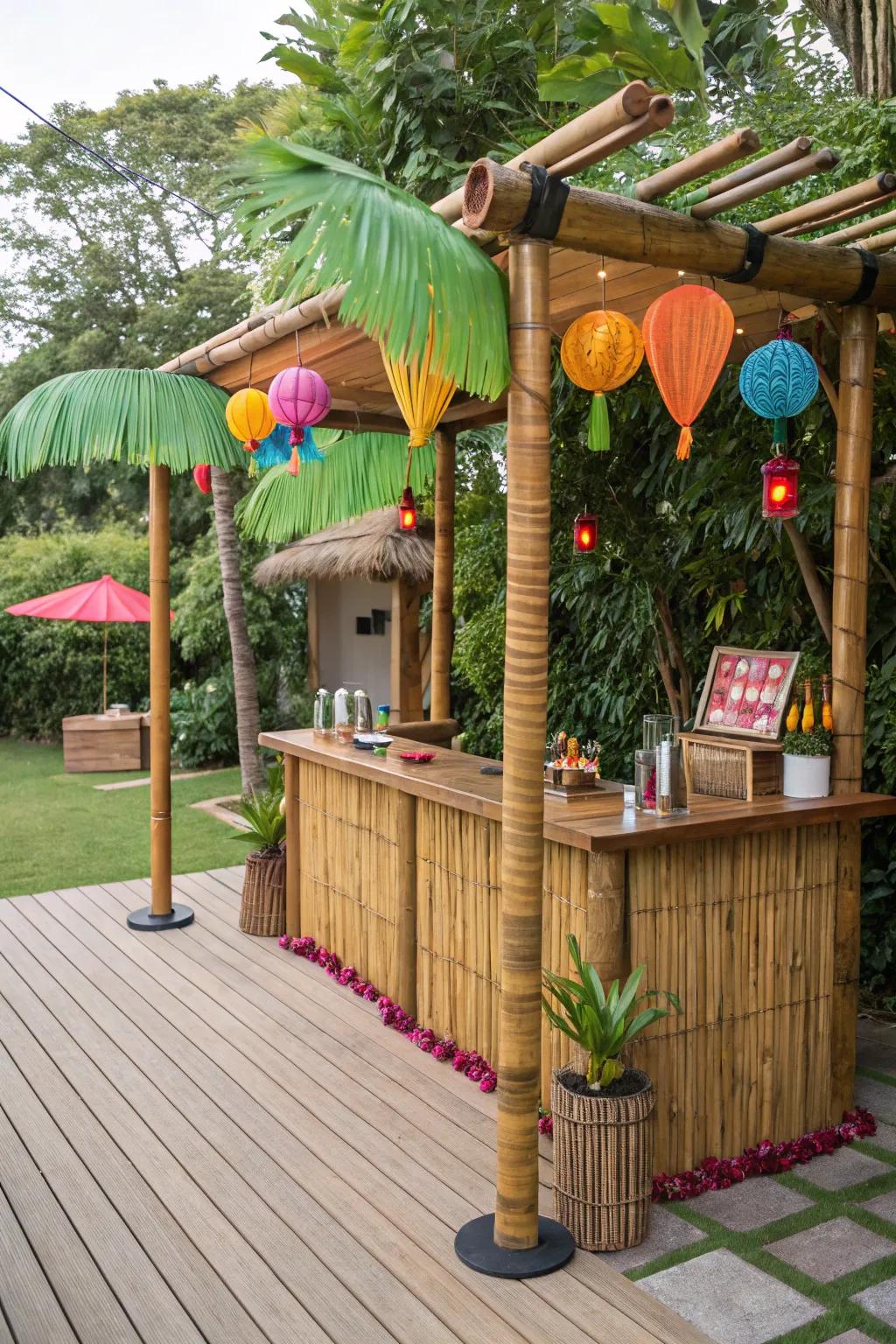 Create a tropical paradise with tiki bar decor.