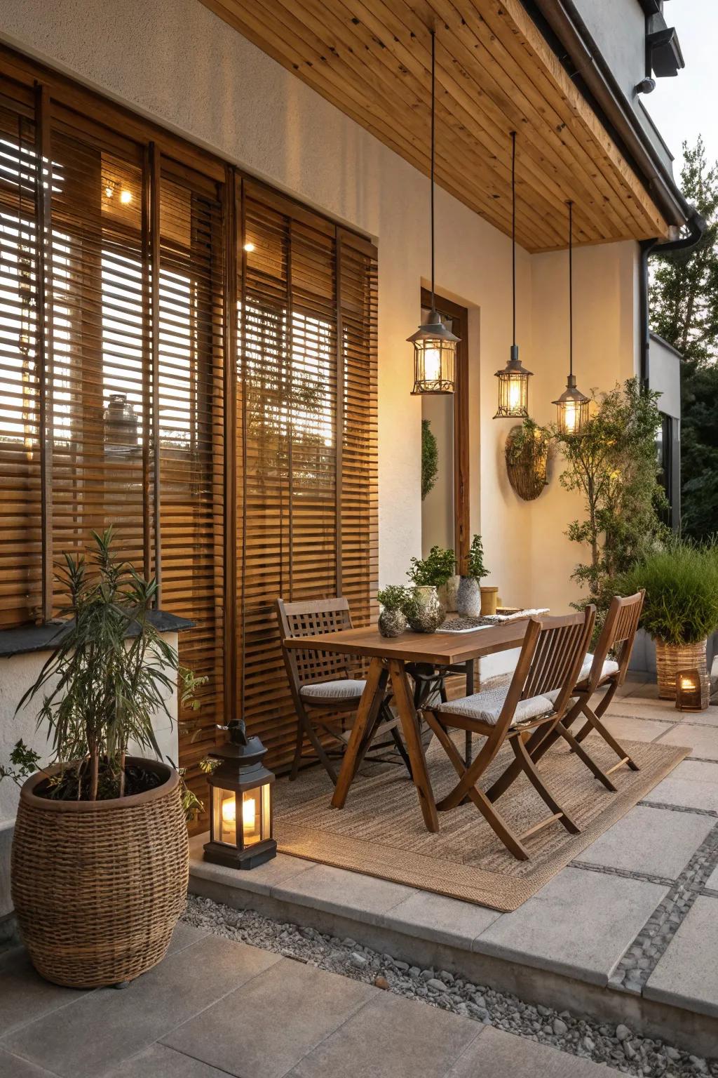 Wooden slat blinds add a touch of rustic charm.