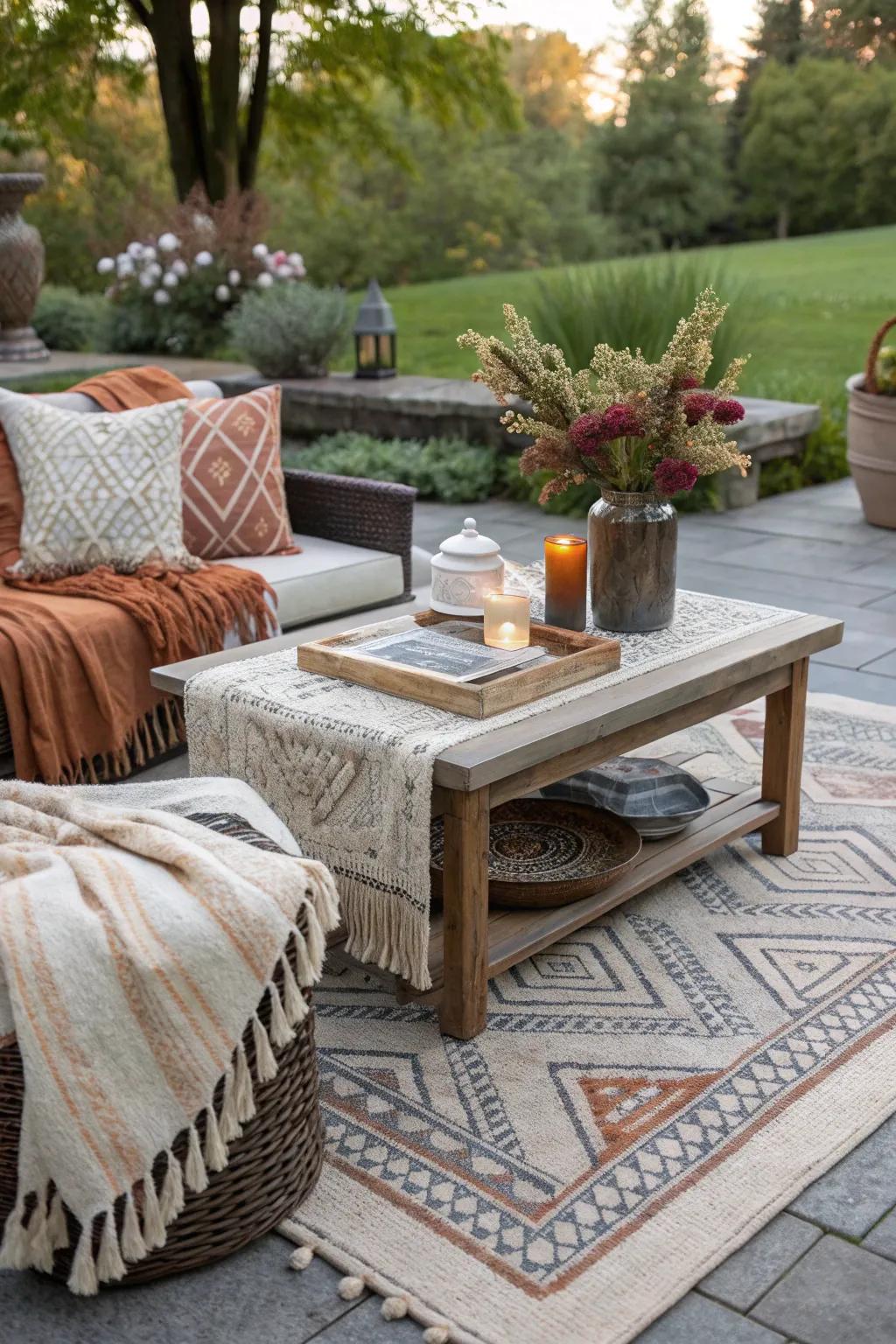 Layered textures with rugs and throws add comfort.