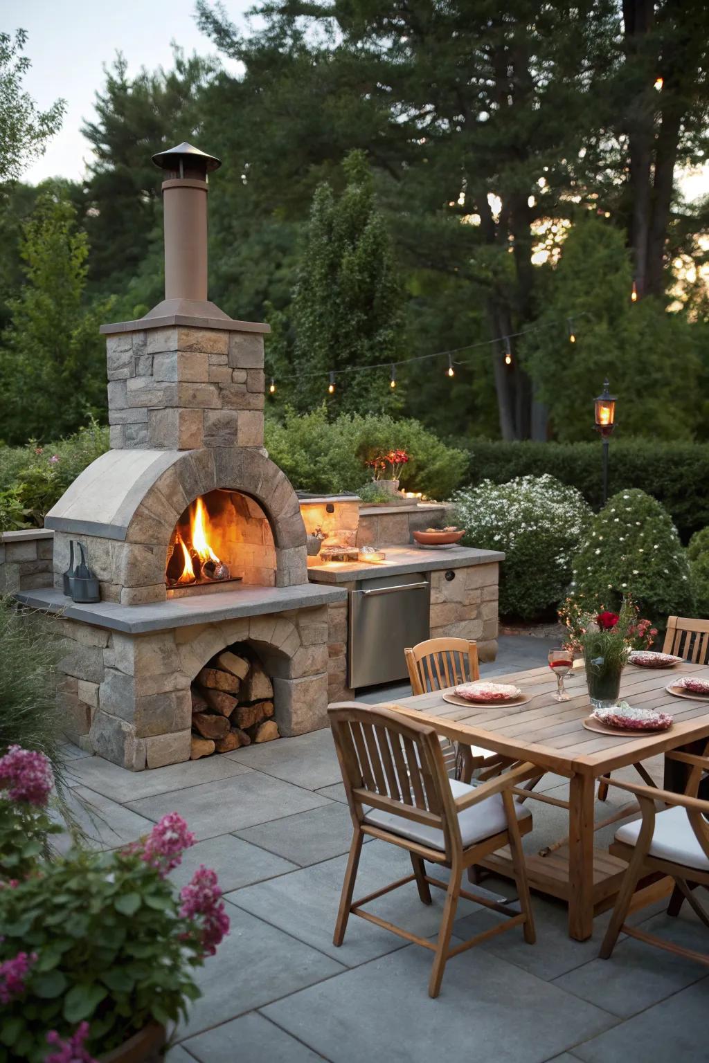 Delicious warmth: enjoy a fireplace and pizza oven combo.