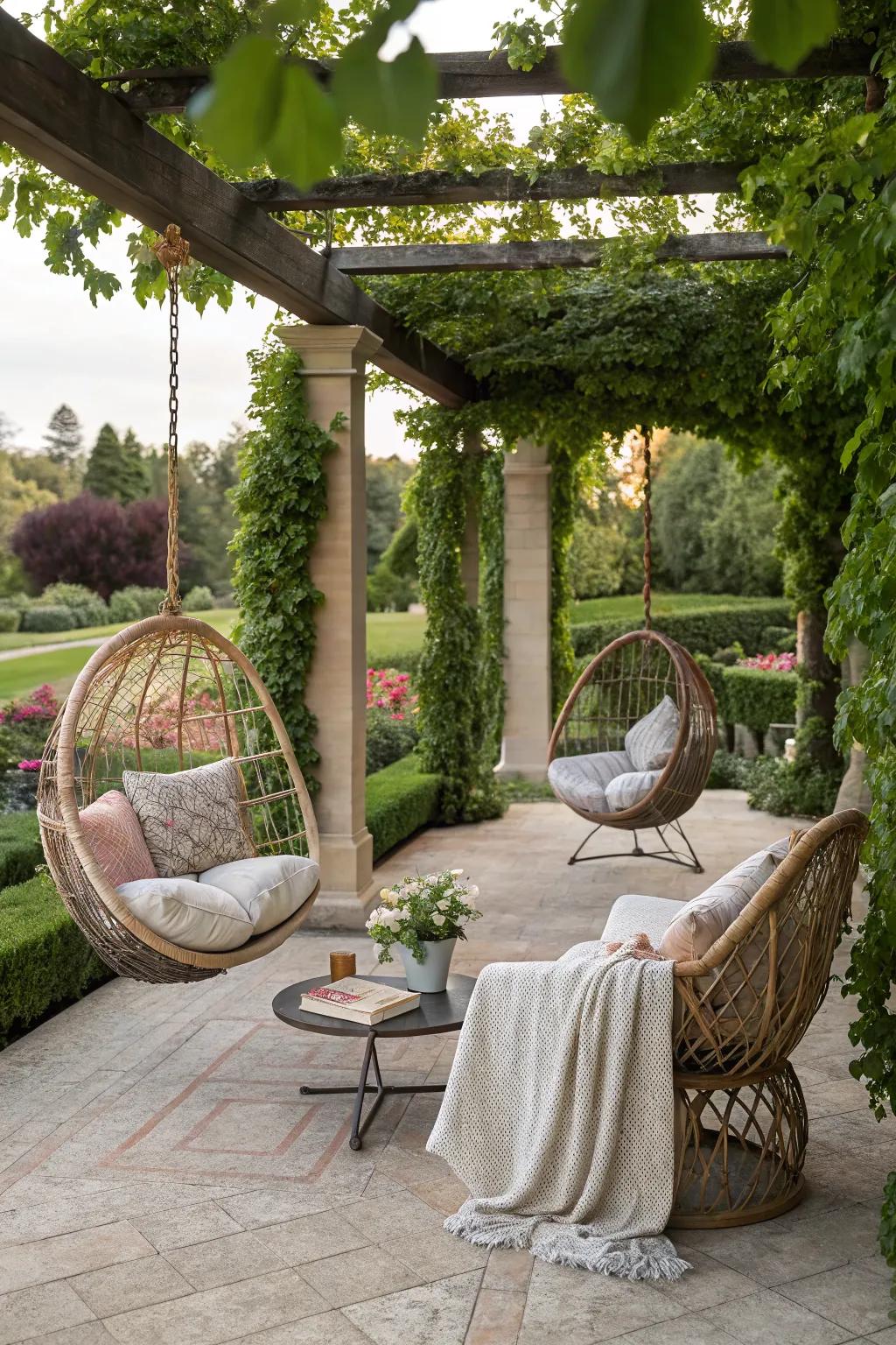 Hanging chairs add a playful and relaxing element to your pergola.