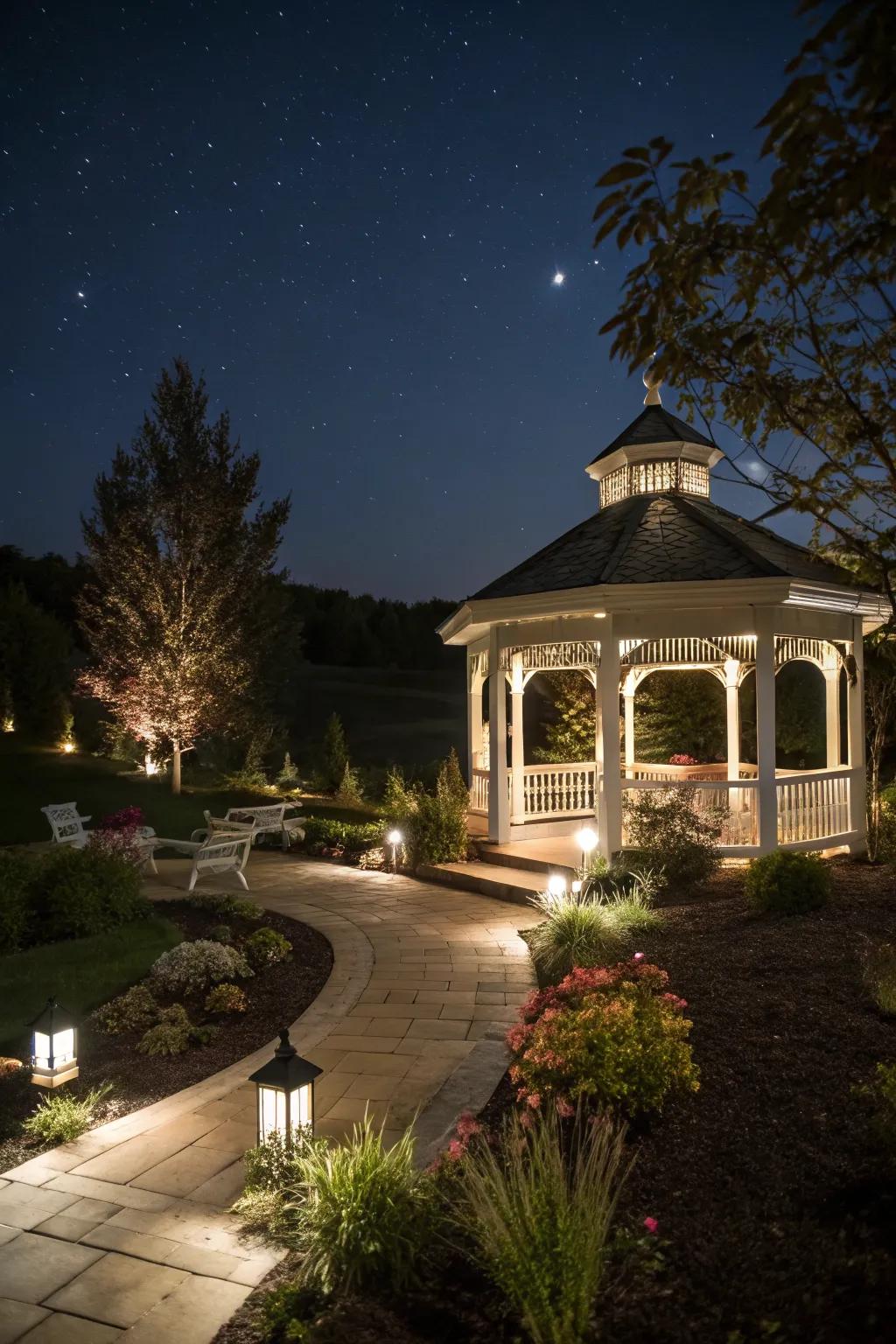 Up-lighting adds drama and highlights natural features.