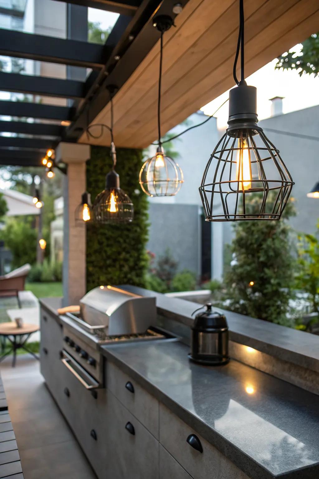 Achieve industrial style with cage pendants.