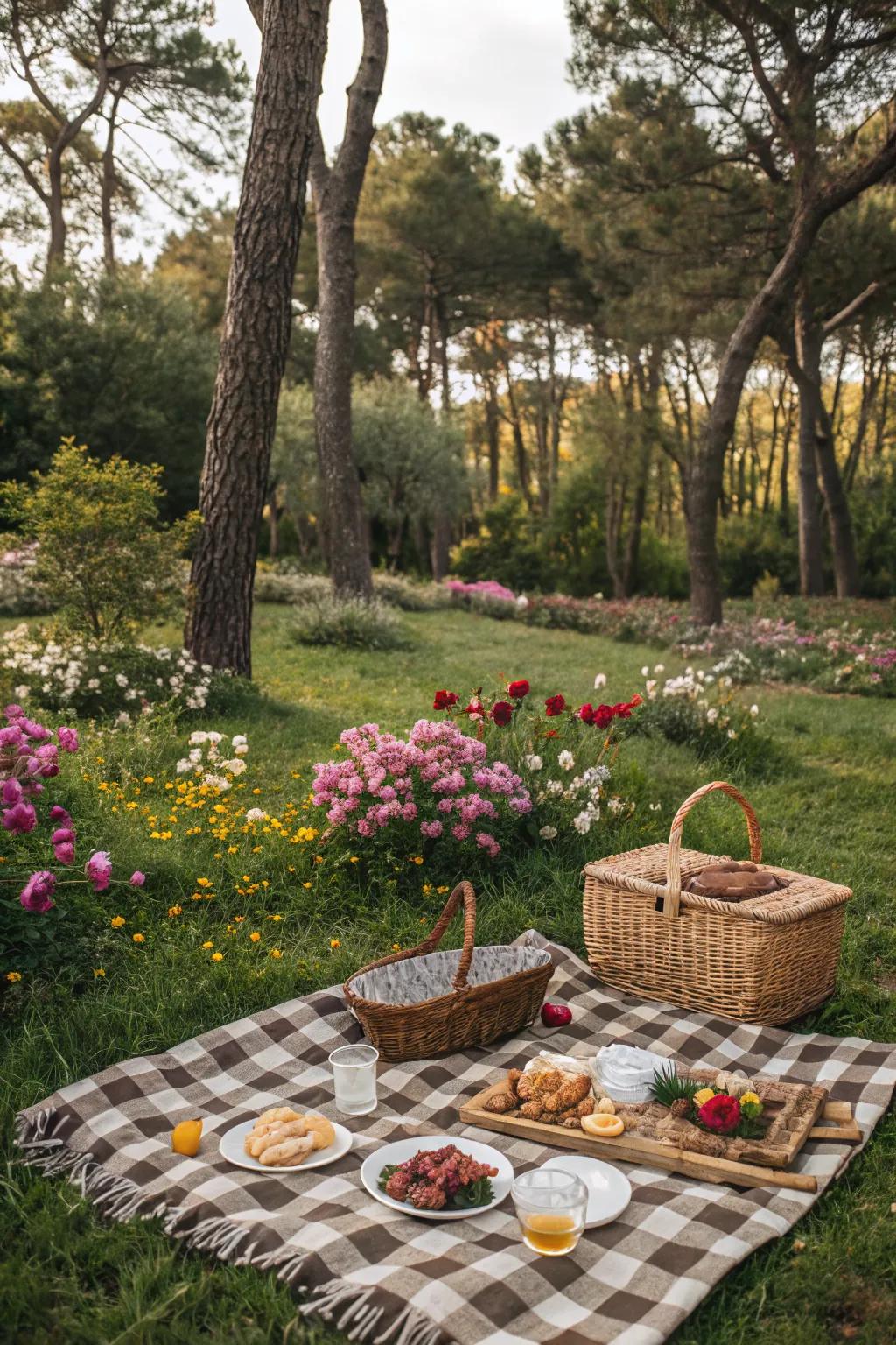 A scenic garden spot makes the perfect picnic location.